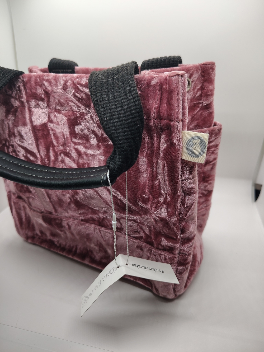 Quilted koala Crushed Velvet Tote Bag in Dusty Rose with Black Handles